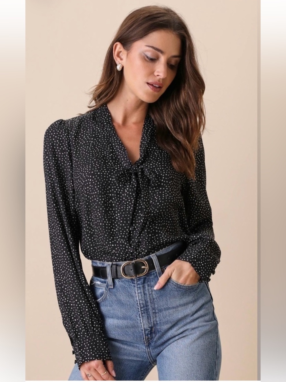 Lulu's "On the Spot" Black Chiffon Polka-dot Button front w/tie - Size M